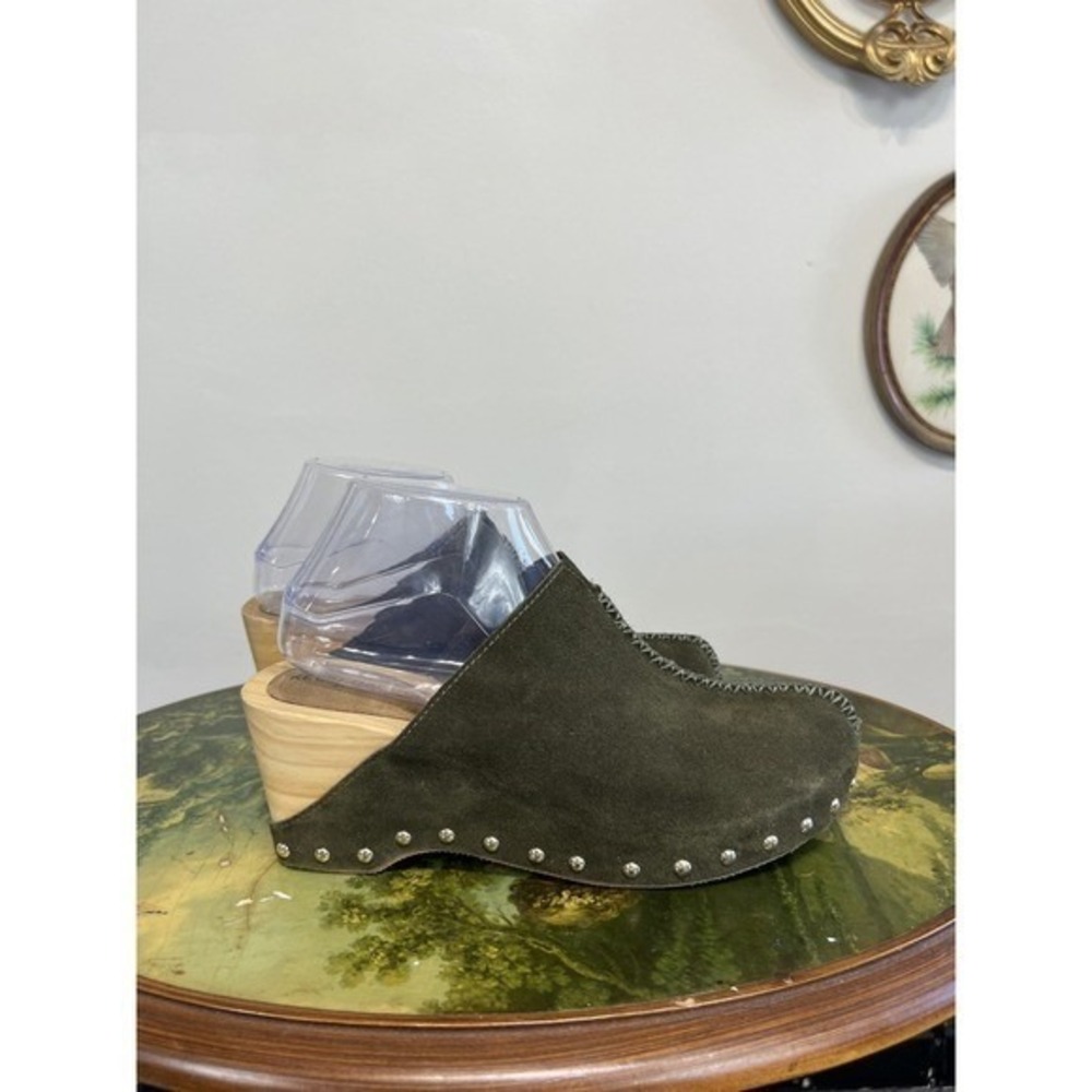Olive Suede Clog Mules with Stud Trim by Kelsi Dagger of Brooklyn
